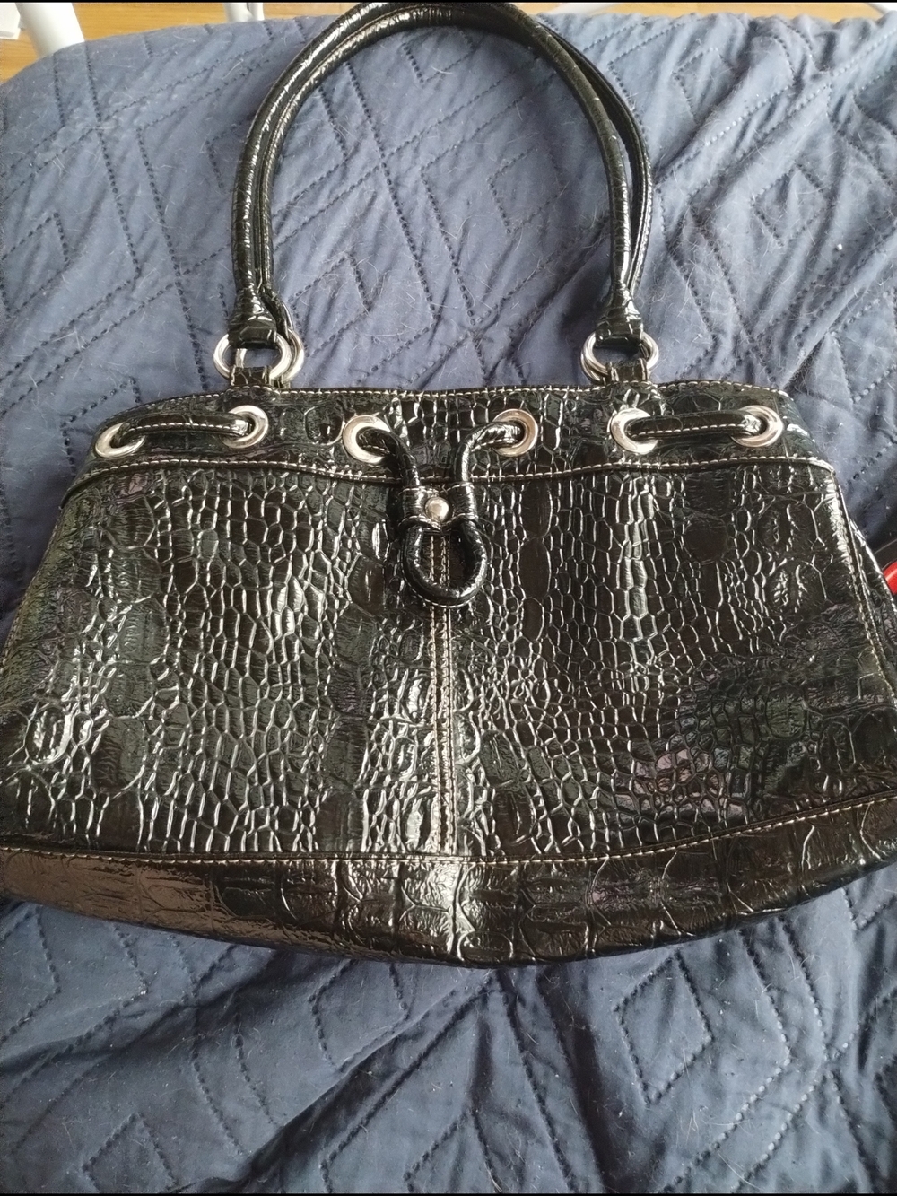 Alfred Dunner Black Croc-Embossed Shoulder Bag with Silver Hardware